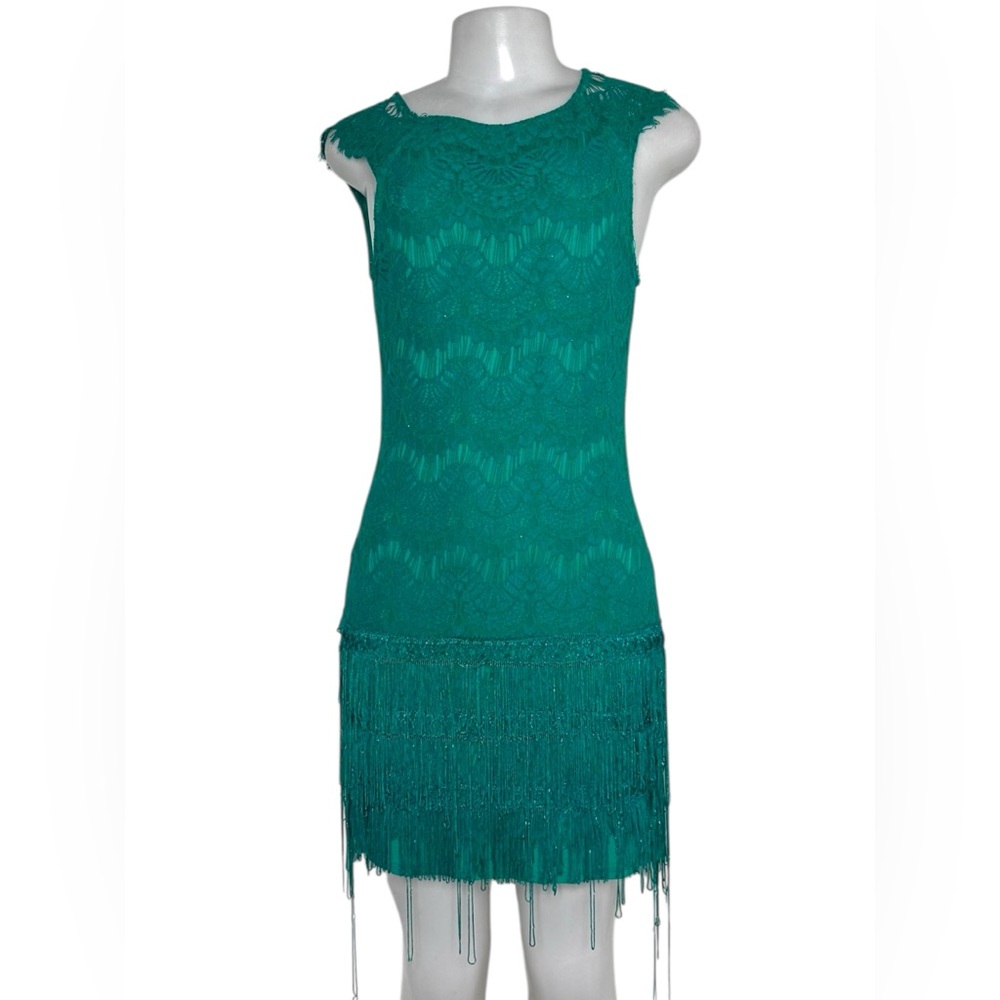 Agatha M Green Lace Fringe Flapper Dress 20s Style Beaded Gatsby Cocktail Party